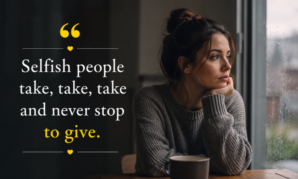 Inspirational quotes on selfish person with a thoughtful background
