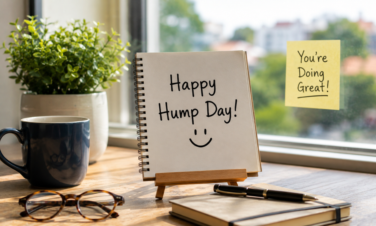 Motivational Hump Day workspace with coffee and notebook