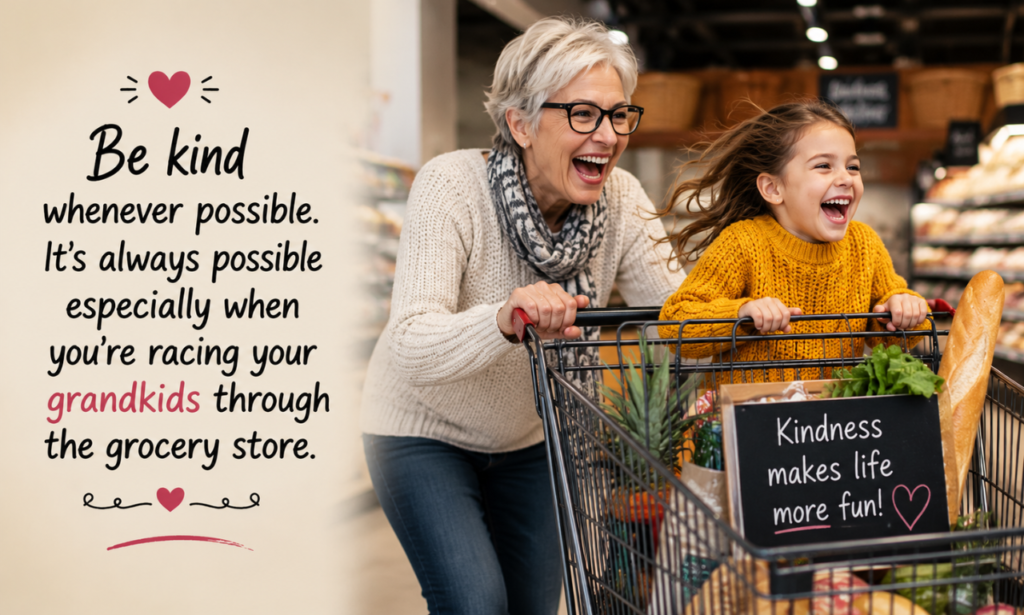 Funny kindness quote with grandmother and granddaughter laughing while shopping