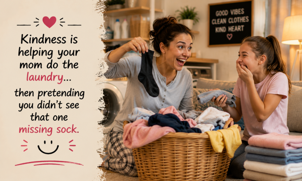 Funny kindness quote about family laughter during everyday chores