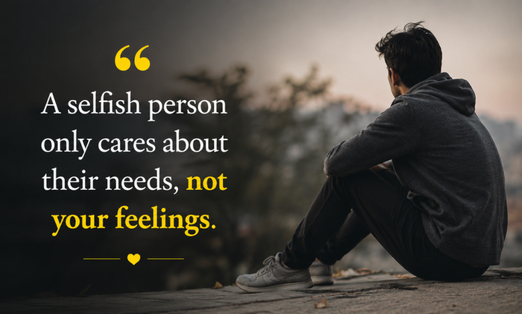 Selfish people quotes with a peaceful sunset and reflective scene