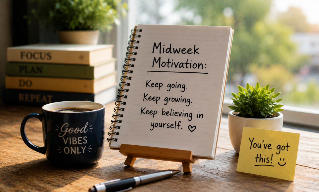 Funny Hump Day desk setup with positive Wednesday message