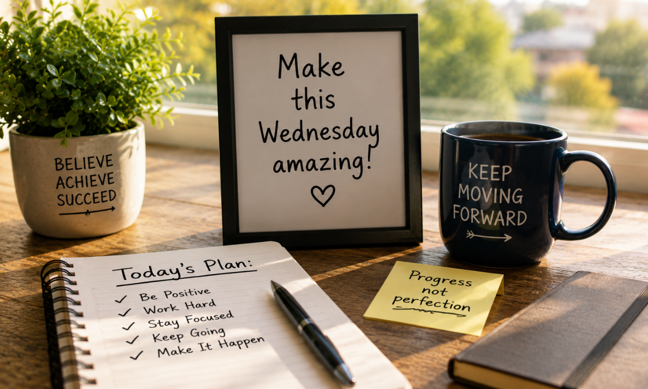 Productive Wednesday workspace with motivational notebook and coffee