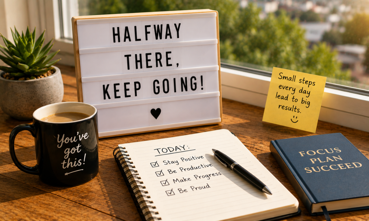 Quotes on Hump Day desk with inspirational notes and coffee mug