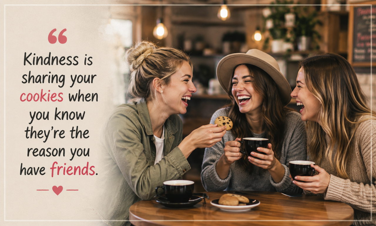 Funny kindness quotes with friends laughing together over coffee
