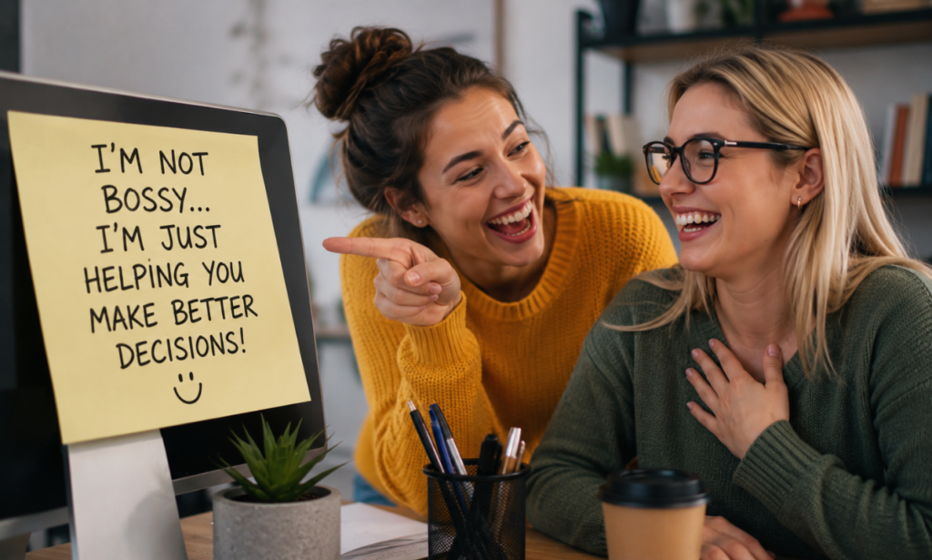 Funny kindness quote in a cheerful office with coworkers laughing