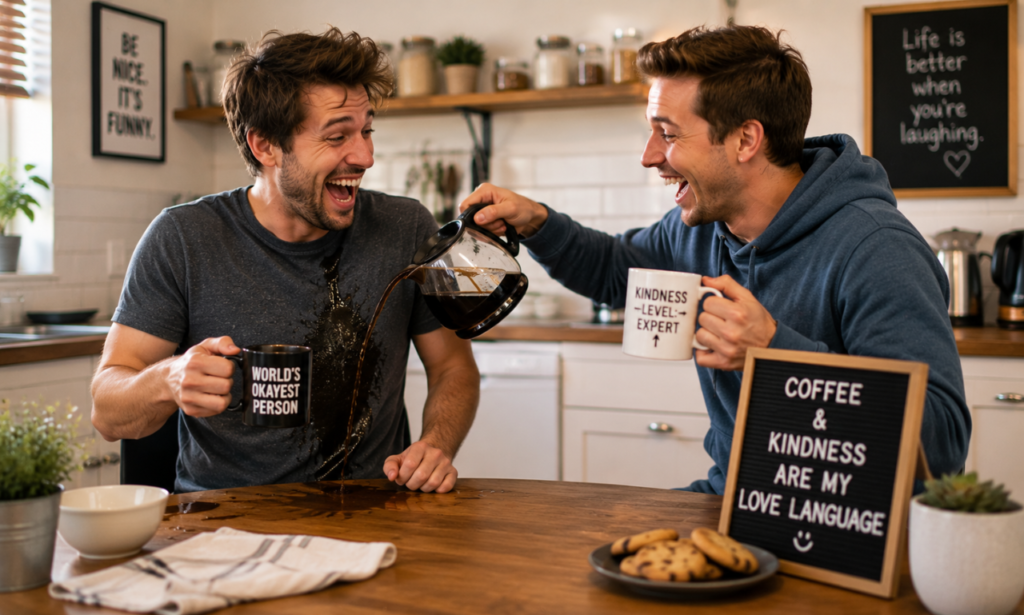 Funny kindness quote with friends sharing coffee and laughter