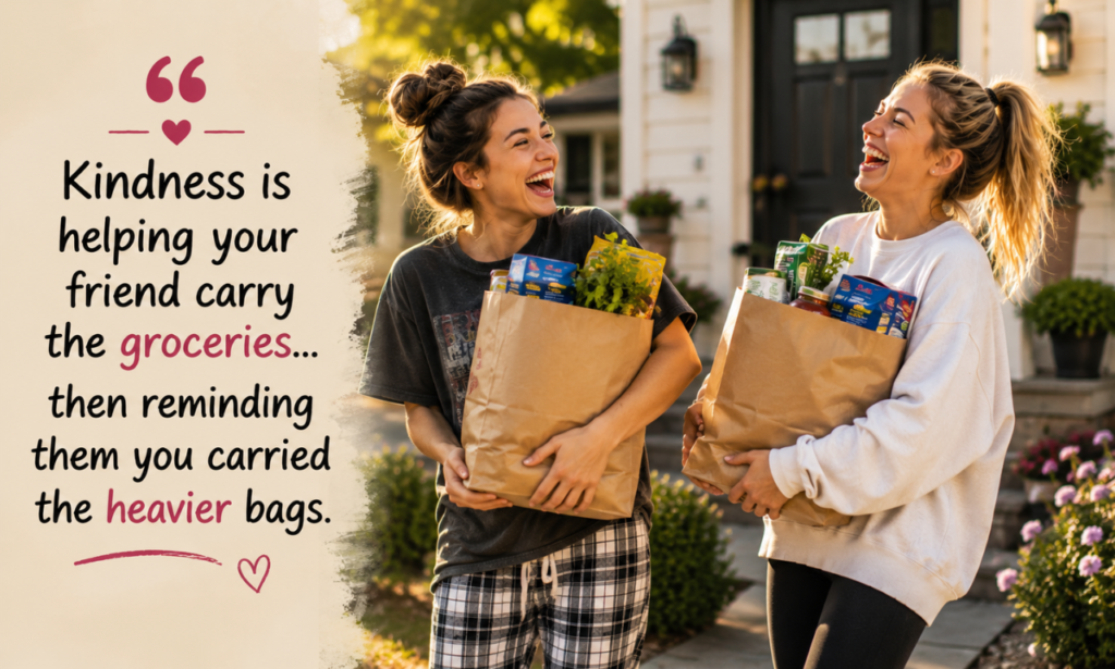 Funny kindness quote about helping a friend carry grocery bags